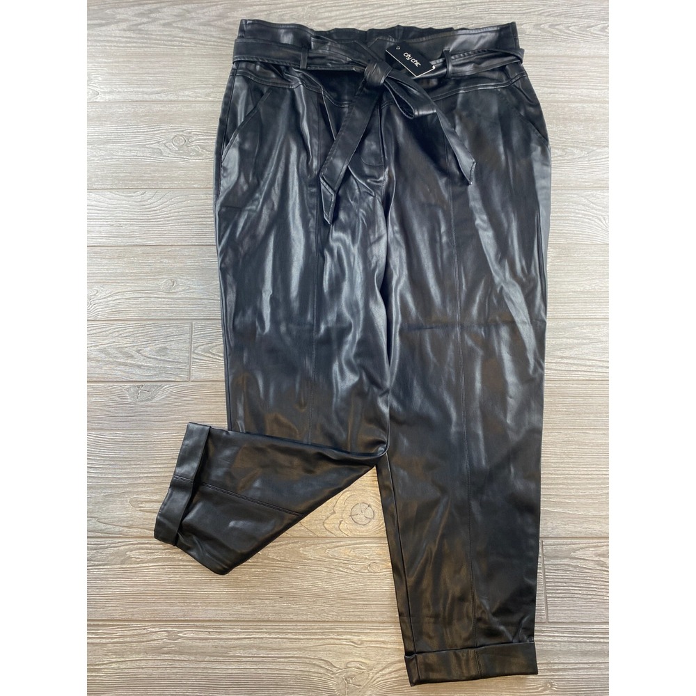 City Chic Simply PU Paper Bag Waist Faux Leather Pants Black Roll Cuff Medium 18